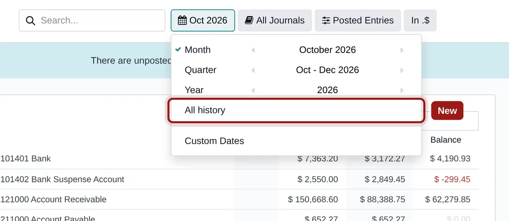 Date filter of an Odoo accounting report with the new All history entry between Year and Custom Dates