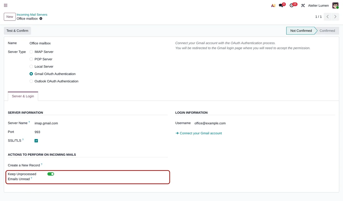 Fiche d’un serveur de messagerie entrant Gmail dans Odoo avec l’option Keep Unprocessed Emails Unread activée