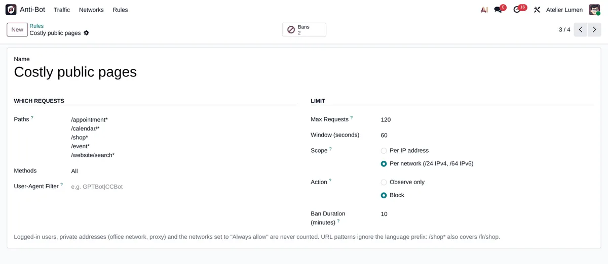Formulaire d’une règle Anti-Bot Rate Limiter : chemins, 120 requêtes par 60 secondes, comptage par réseau, mode Bloquer, bannissement de 10 minutes
