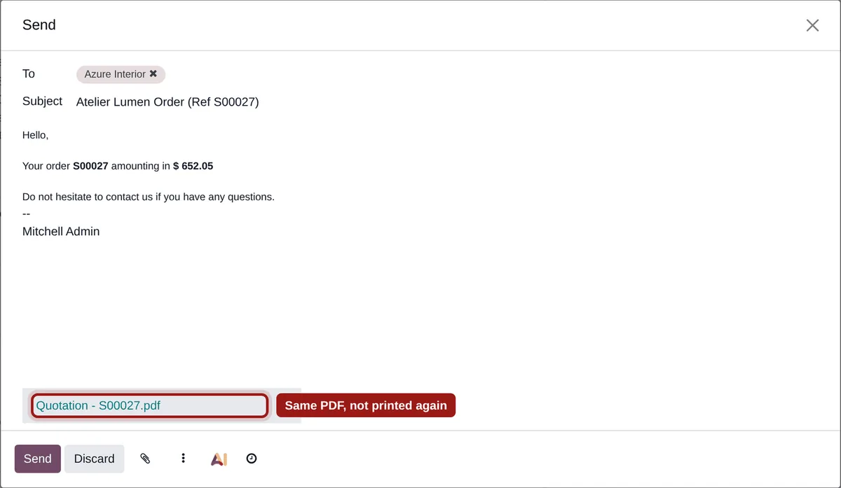 Fenêtre d’envoi d’e-mail Odoo après changement de modèle : la pièce jointe Quotation - S00027.pdf est la même, pas réimprimée